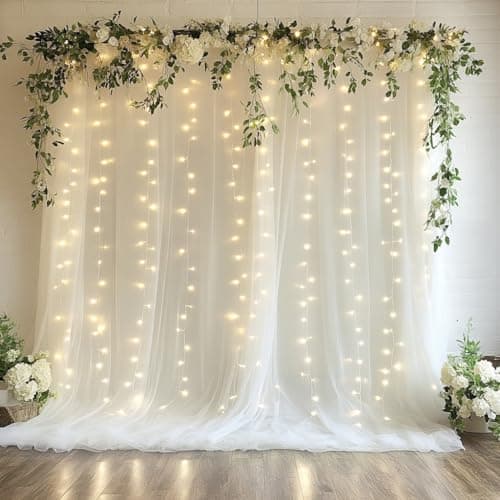 Xiomot Tulle Backdrop Curtain with Lights String 10FT X 10FT Ivory Sheer Tulle Backdrop Curtains for Wedding Birthday Party Reception Photo Booth Background Decorations 2 Panels 5x10FT