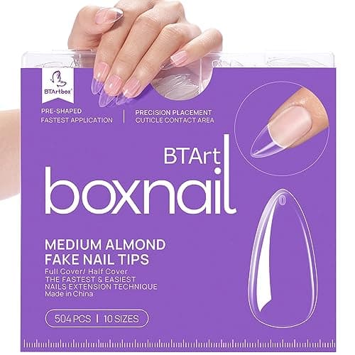 BTArtbox 500pcs Almond Nail Tips Full Cover with Case for Nail Salons and DIY Nail Art 10 Sizes