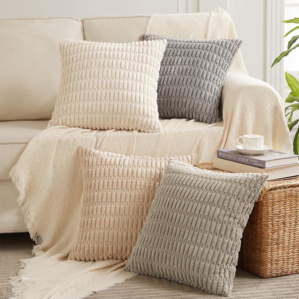 Fancy Homi 4 Packs Neutral Euro Decorative Throw Pillow Covers 26x26 Inch for Living Room Couch Bed Sofa Rustic Farmhouse Boho Home Decor Soft Plush Striped Corduroy Square Cushion Case 66x66 cm