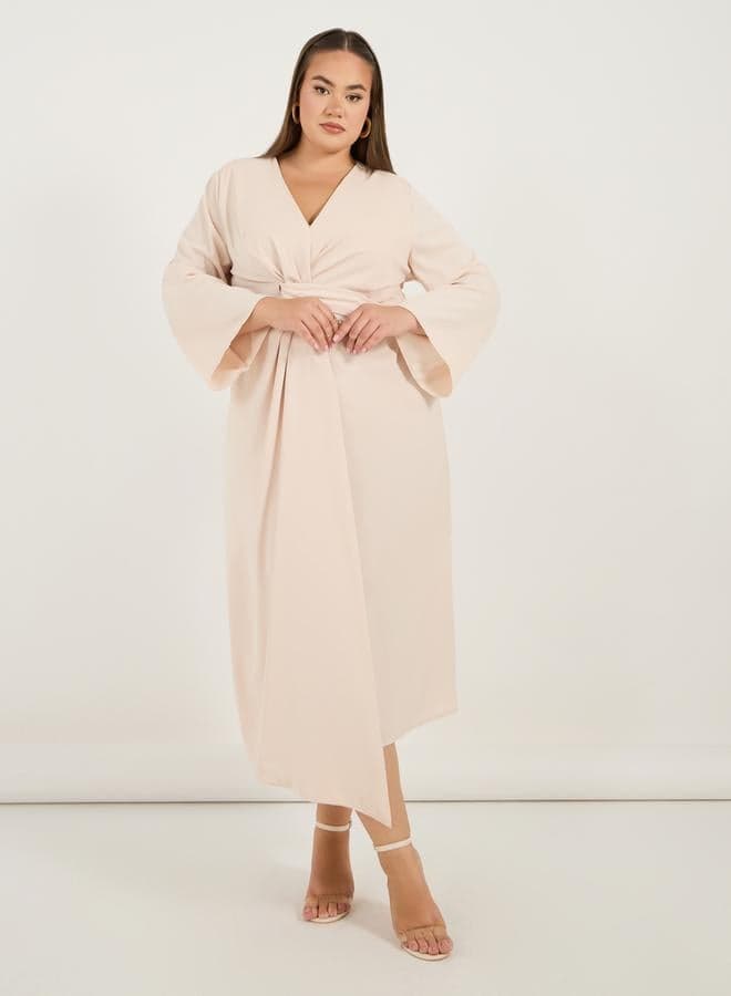 Styli Plus Size Solid Long Sleeves Wrap Front Midi Dress