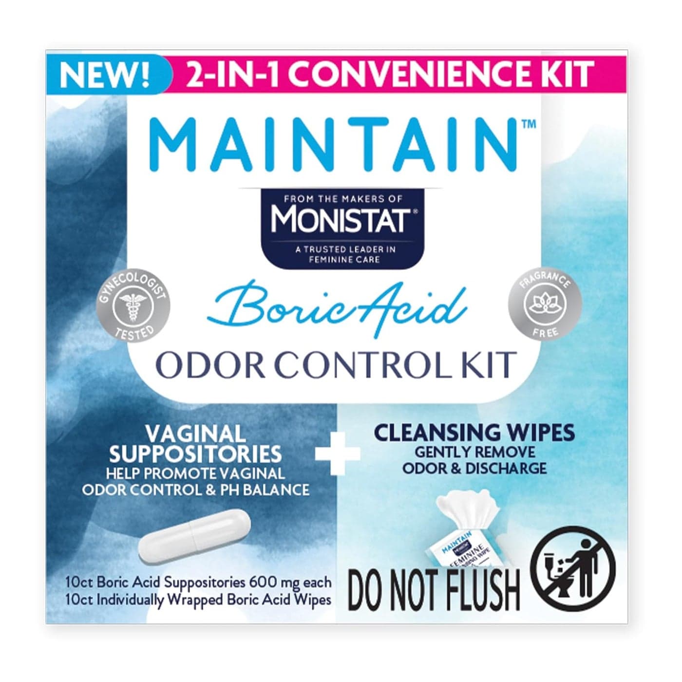 Monistat Maintain Boric Acid for Vaginal Odor Convenient 2-in-1 Kit, 10 Feminine Wipes and 10 Boric Acid Suppositories for Women