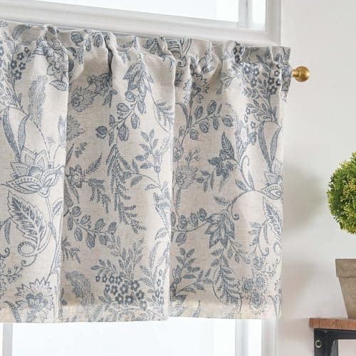 Lazzzy Blue Floral Kitchen Valance Curtain Linen Farmhouse Lined Valance for Living Room Bathroom Bedroom Country Valances Small Window Cafe Curtain Treatments 16 Inch Rod Pocket 1 Panel Blue on Beige