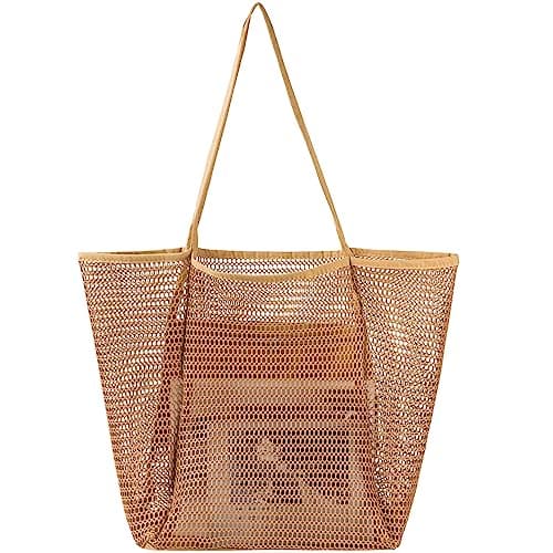 Tavaleu Mesh Beach Bag Beach Bags for Women Packable Woven Straw Tote Bag with Inner Zipper Pocket Foldable Waterproof Large Pool Toy Bag for Swimming Gym Grocery Travel