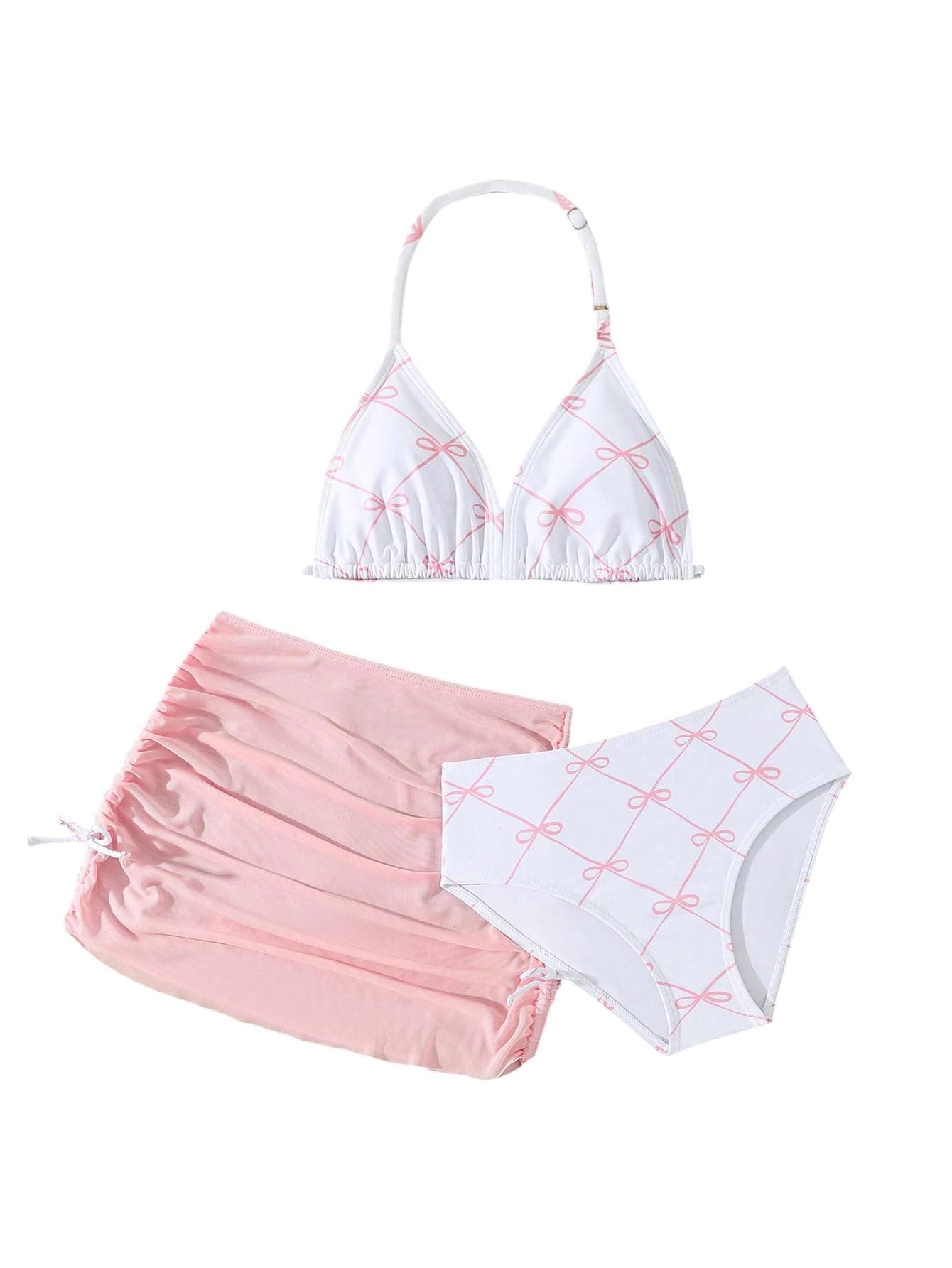 Verdusa Girl's 3 Piece Cute Bow Bikini Set Halter Triangle High Waisted Bathing Suit with Cover Up Pink 11Y