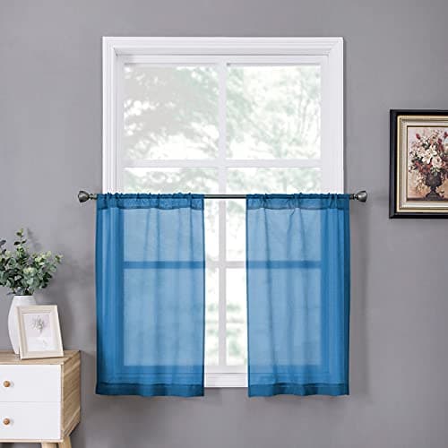 Tollpiz Sheer Tier Curtain Linen Textured Half Kitchen Curtains Sheer Light Filtering Rod Pocket Voile Small Curtains for Bathroom 25 x 36 inches Long Classic Blue Set of 2 Panels