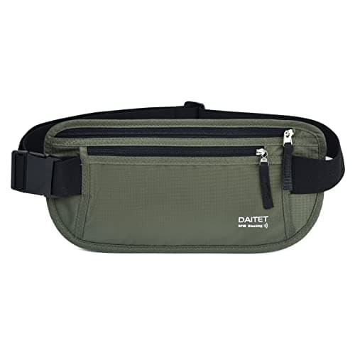 RFID Blocking Money Belt for Men Women, Slim Fanny Pack for Travel,Running,Conceal Waist Wallet for Passport Holder,Phone,Cash(Black Dark Olive Green)