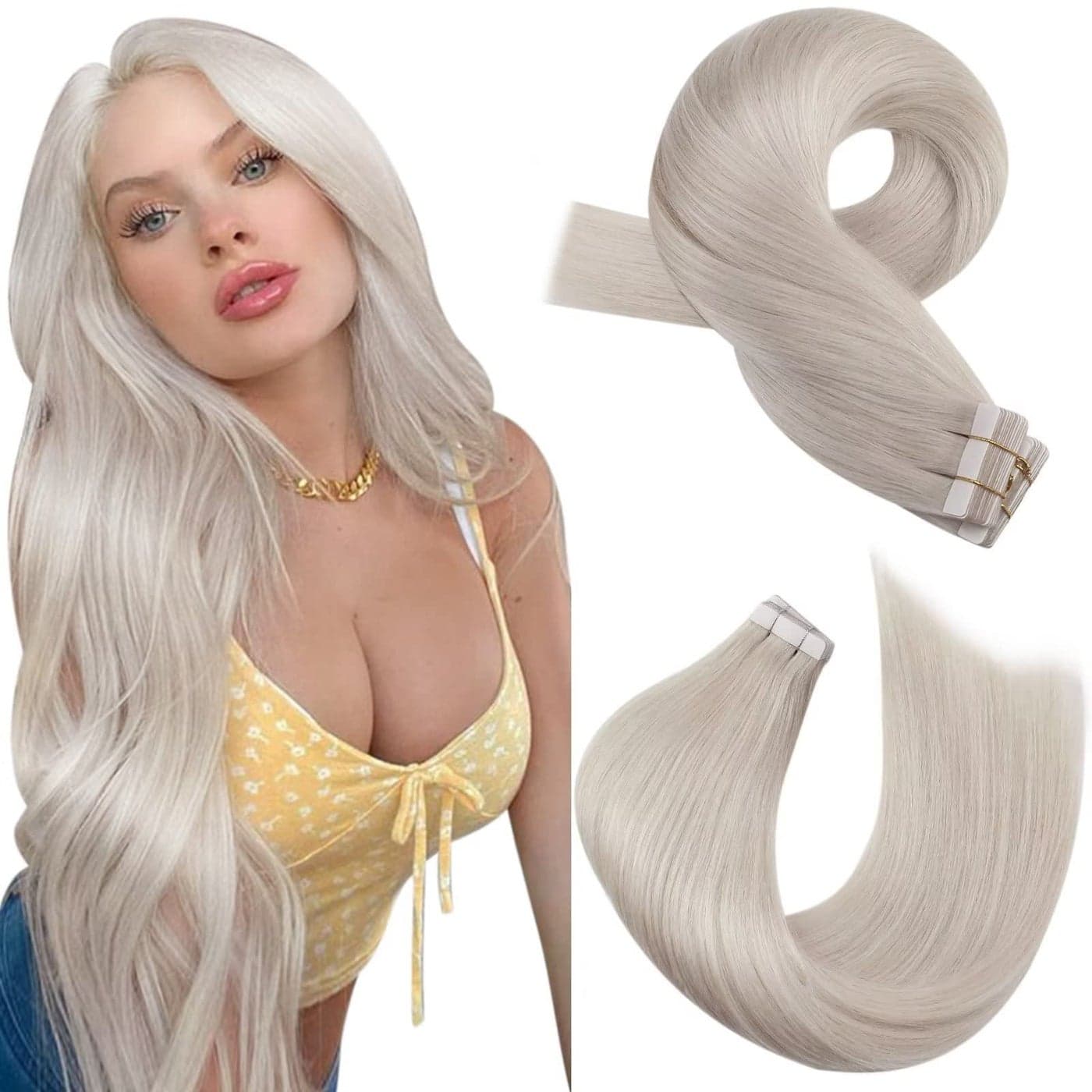 Moresoo Tape in Extensions Blonde Human Hair Extensions Tape in White Blonde Hair Extensions Real Human Hair Glue in Seamless Extensions Real Hair 20 Inch 60A 20pcs 50g