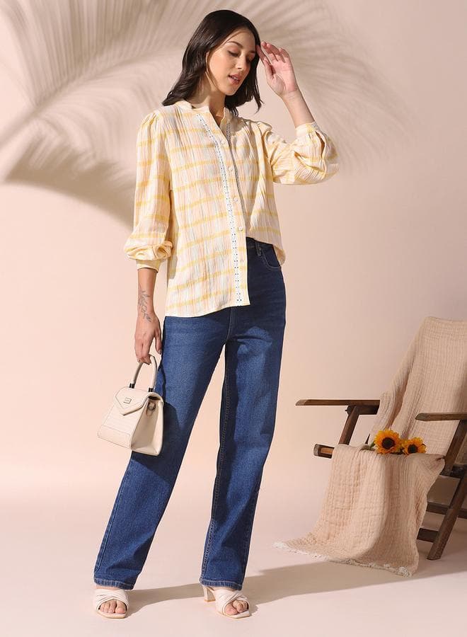 Women Yellow Regular Fit Checkered Full Sleeves T-Shirt Viscose Top With Button Closure Featuring