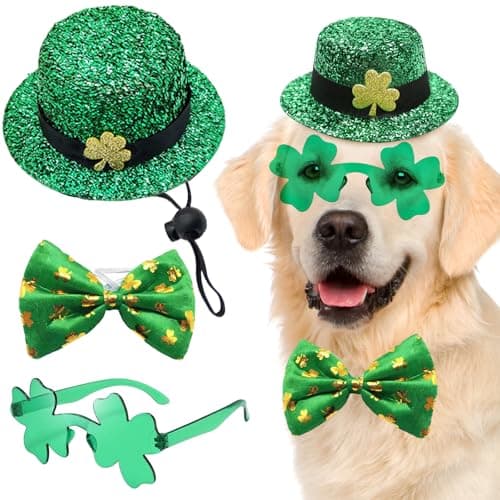 3 PCS Dog St Patricks Day Outfit Leprechaun Costume,St. Patrick's Dog Clothes,Green Shamrock Dogs Tall Hat,Sunglasses, Bow Tie,Irish for Small Medium Large Dogs Cats Dress Party Outfits