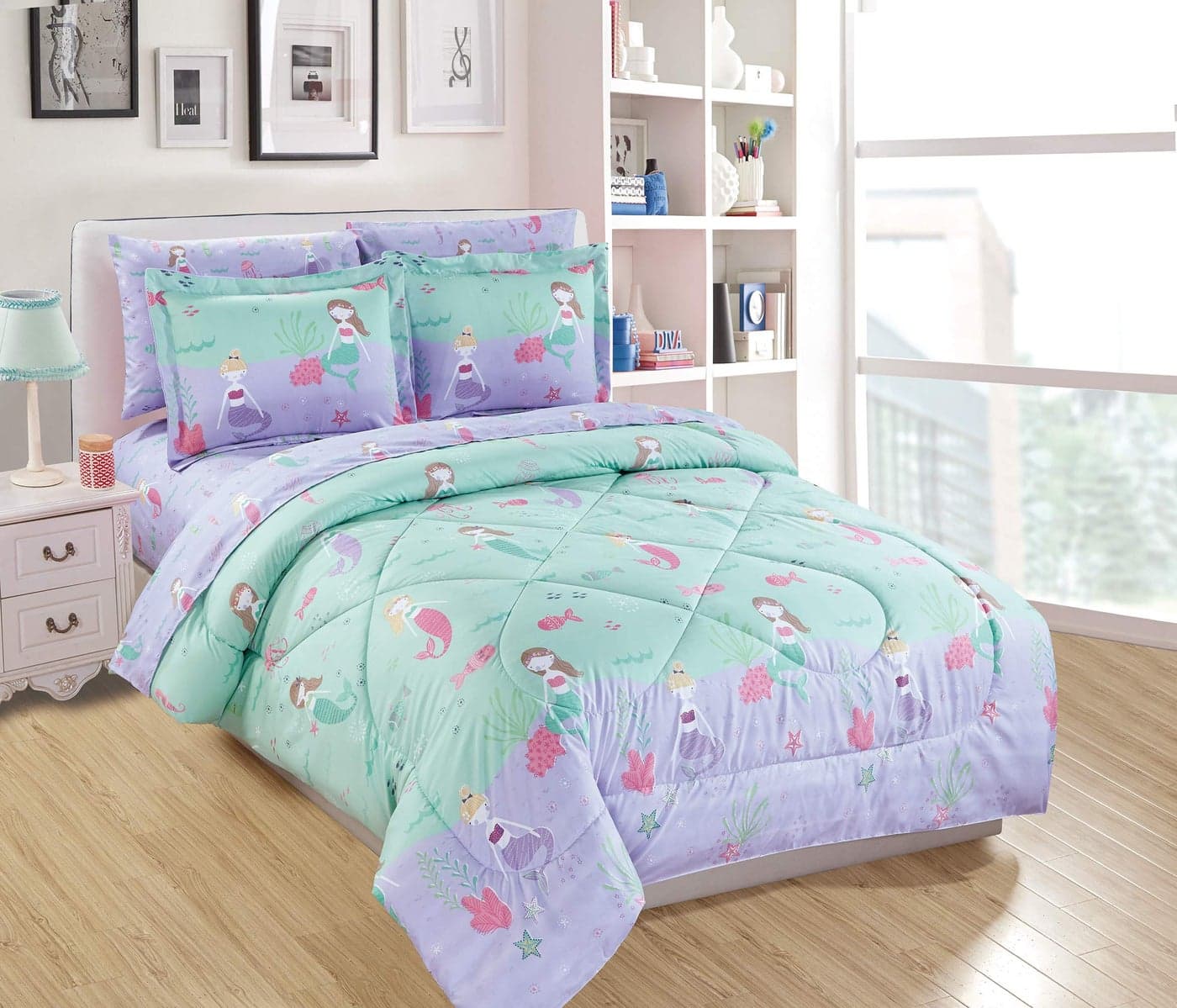 Linen Plus Twin Size Comforter Set GirlsTeens Mermaids Starfishes Jellyfishes Lavender Pink Aqua Princess of The Sea New