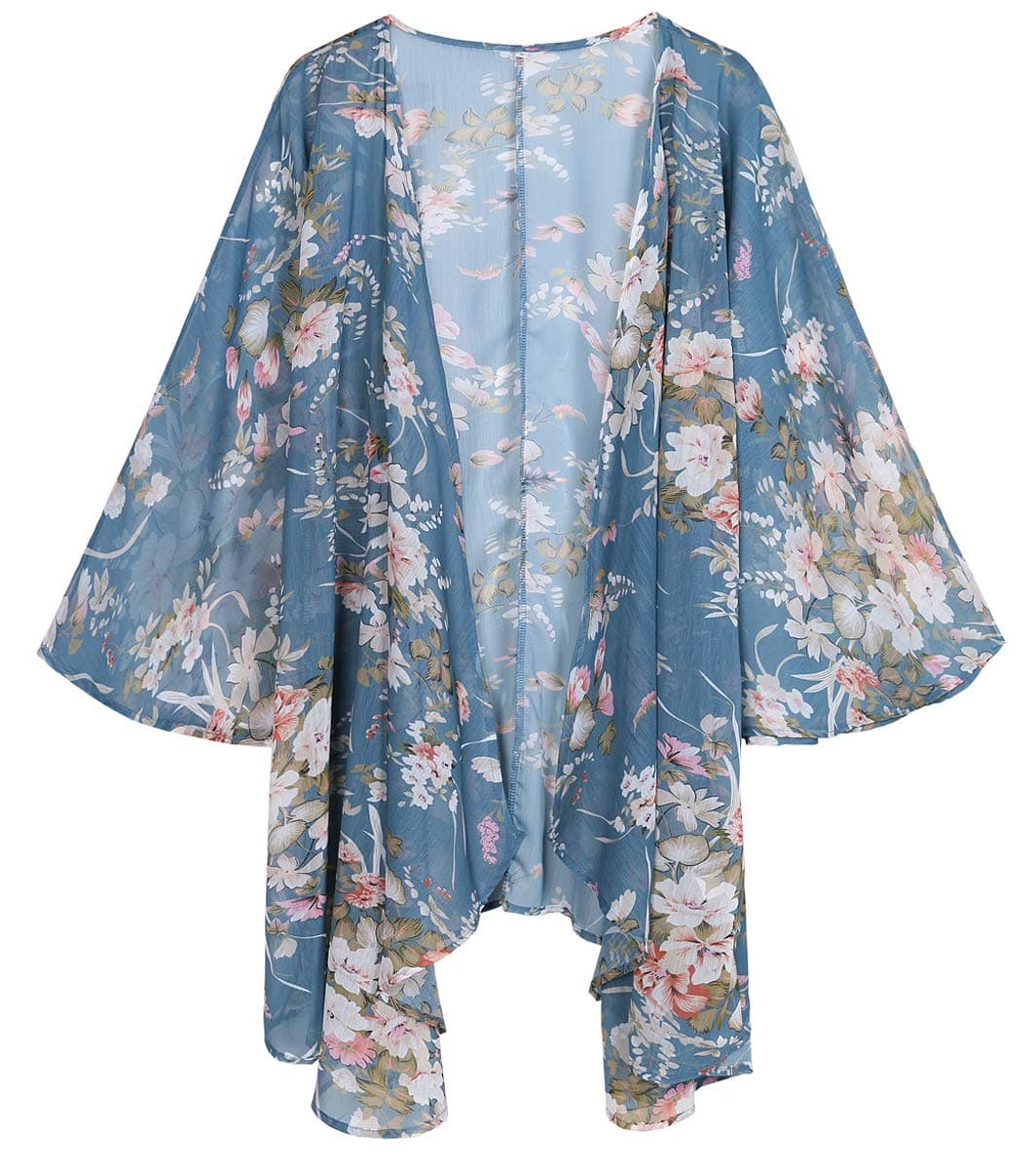 olrain Women's Floral Print Sheer Chiffon 3/4 Bat Sleeve Casual Loose Kimono Cardigan Capes (XX-Large, Blue Pinkf)
