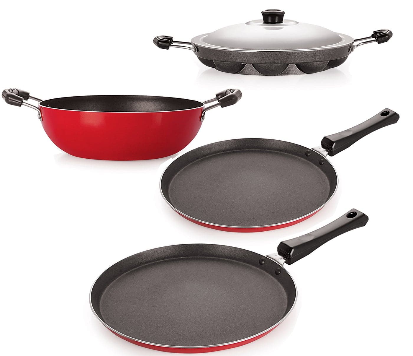Nirlon Non-Stick Aluminium Flat Base Kitchenware Set with Stainless Steel Lid, Bakelite Handle