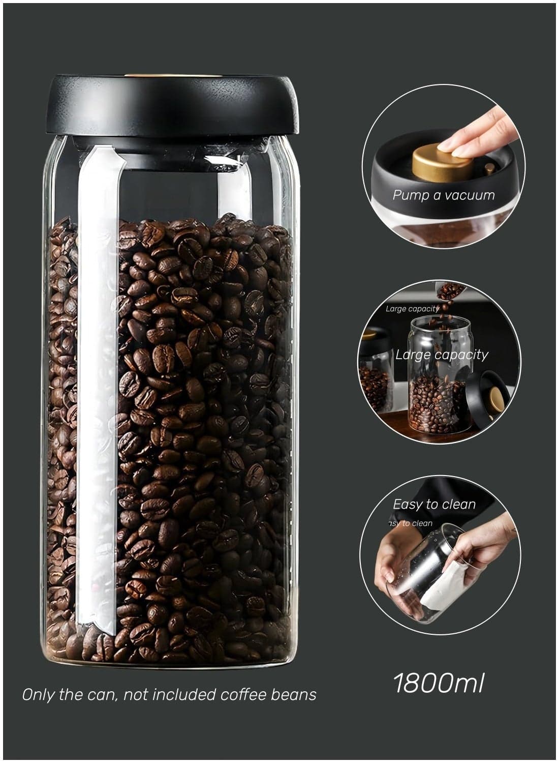 Compatible For Coffee beans vacuum sealed jar transparent glass food storage jar household moisture-proof airtight container Coffee Storage,Large capacity(1800ML)