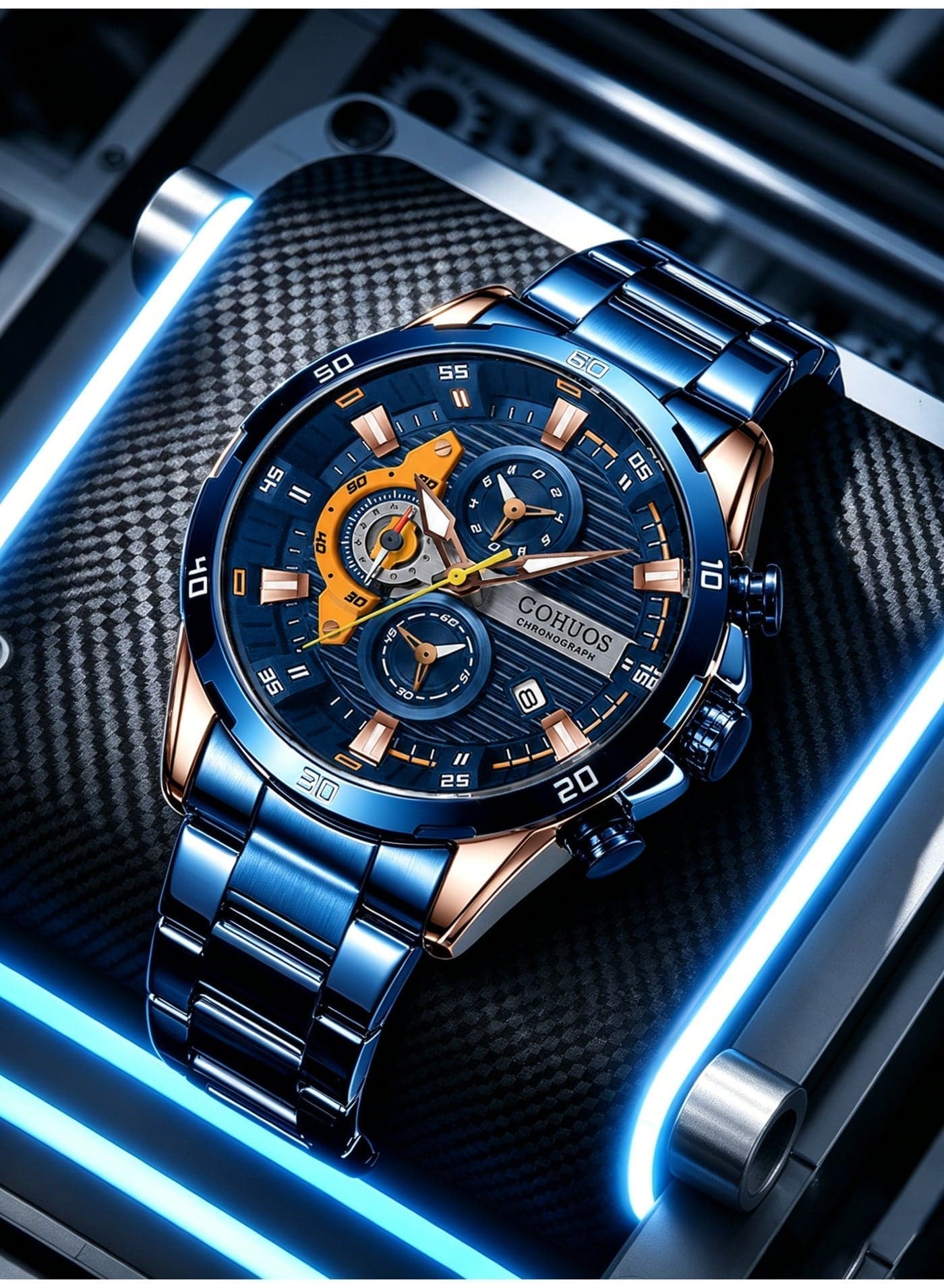 Stainless Steel Watches for Man Creative Fashion Luminous Dial with Chronograph Clock Male Casual Wristwatches - 47mm - Blue