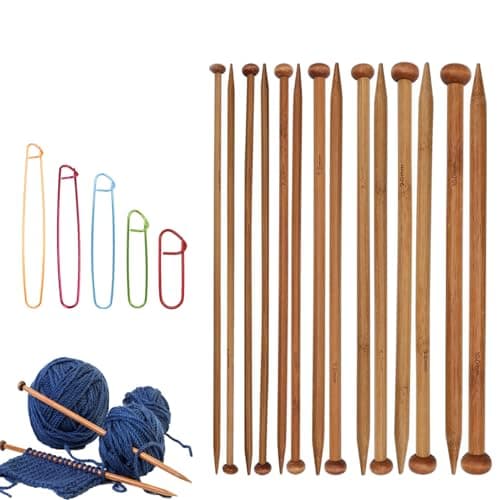7 Pairs Bamboo Knitting Needles Set Bamboo Natural Long Wooden Knitting Needle Single Point Straight Wood Needles Wooden Knittings Needle for Beginners for Making Sweater Shawl Scarf