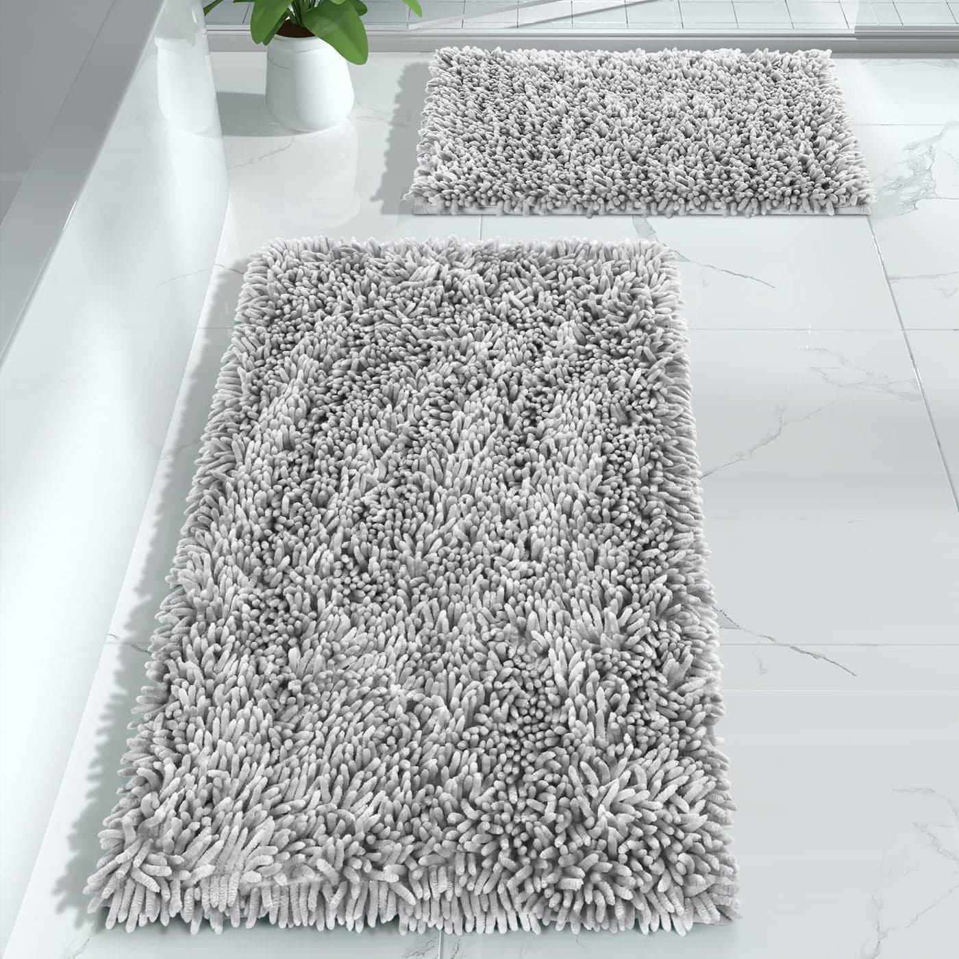 Yimobra Bathroom Rugs Sets 2 Piece Luxury Shaggy Extra Thick Bathroom Rugs Plush NonSlip Mats for Bath Room Floor Machine Wash Ultra Absorbent 441 x 24 24 x 17 Inches Light Grey