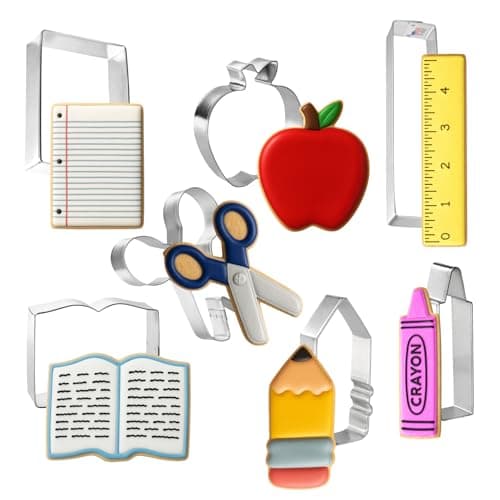 Foose Brand Back To School Teacher Appreciation Cookie Cutter 7 Pc Set –School Book, Ruler, Crayon, Scissors, Rectangle, apple, and pencil Cookie Cutters Hand Made in the USA from Tin Plated Steel