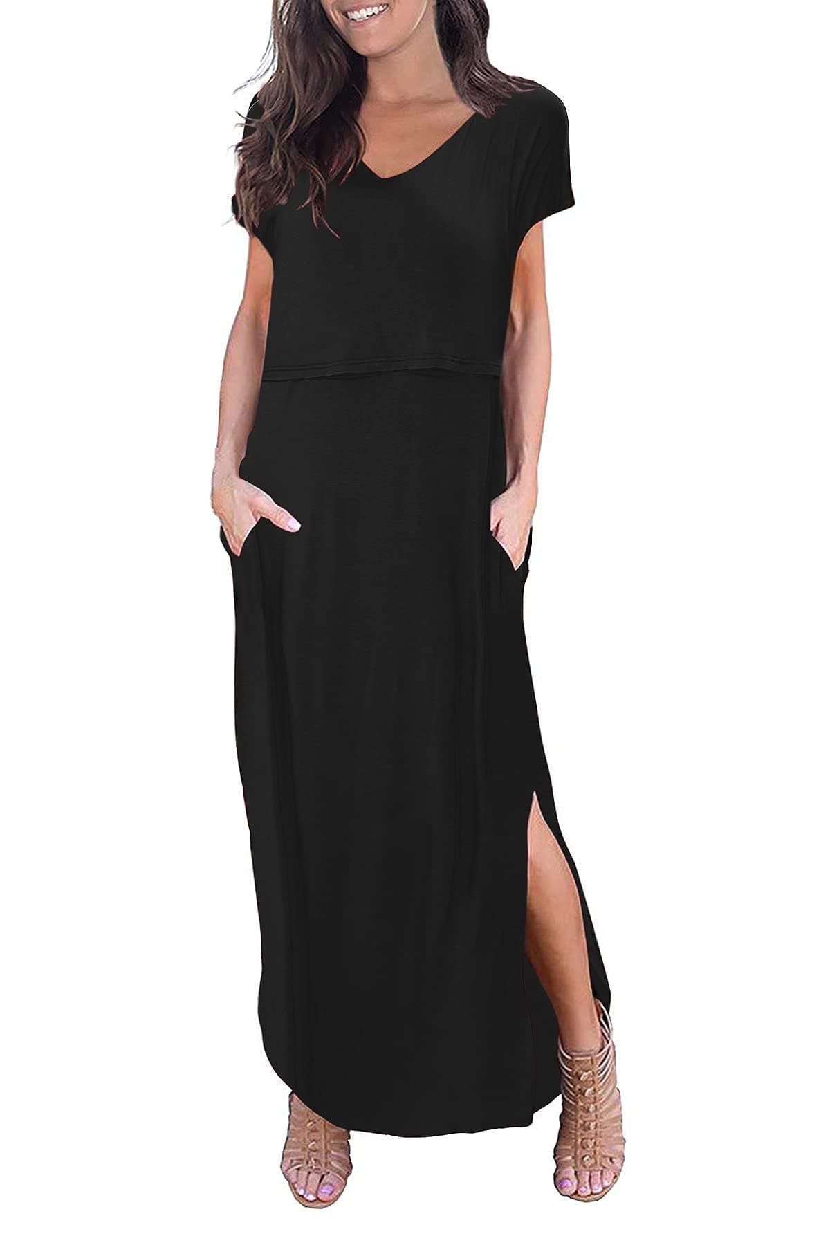 Smallshow Womens Maternity Nursing Dresses Split Long Dress for Breastfeeding XLarge Black