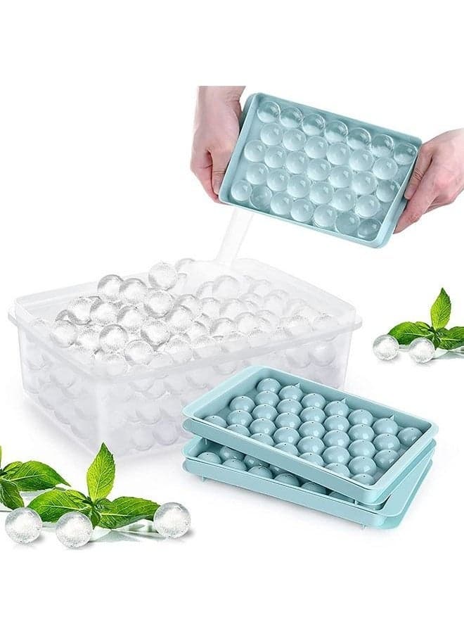 Round Ball Ice Tray for Freezer with Lid and Box (3 Blue Ice Trays, 1 Ice Bucket Scoop and Spoon)