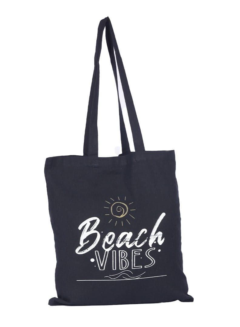 BYFT Black Cotton Flat Tote Bag (Beach Vibes)