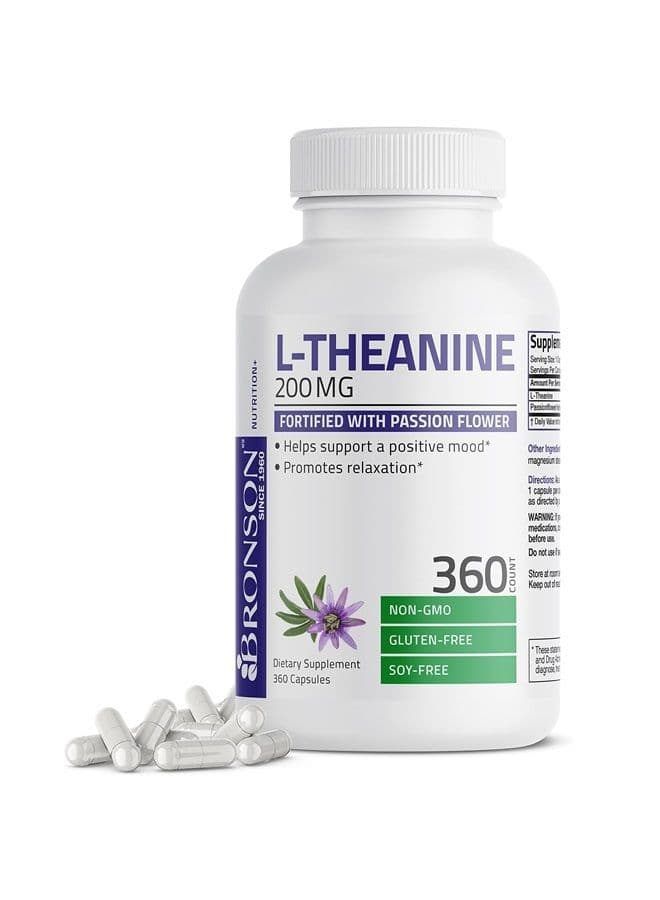 L-Theanine 200mg (Double-Strength) with Passion Flower Herb, Non-GMO Gluten-Free Soy-Free Stress Management Supplement, 360 Capsules