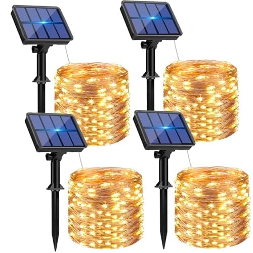 btfarm 4 Pack Solar String Lights Outdoor - Total 320LED 132FT Solar Fairy Lights Waterproof 8 Modes, Copper Wire Solar Powered Twinkle Light for Outside Christmas Tree Garden Wedding Party,Warm White
