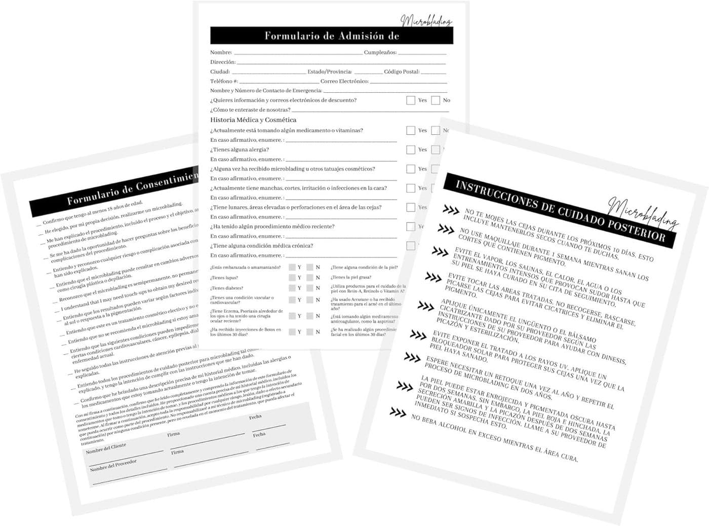 Spanish Microblading Intake, Consent, and Aftercare Form | 75 Pack | 8.5 x 11" A1 Forms | Clients Signature | Consent Forms for Microblading | Clients Signature | Minimalist Design