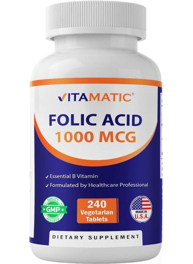 Folic Acid 1000 mcg (1 mg) - Vegetarian Tablets - 1667 mcg DFE - Vitamin B9 (240 Count (Pack of 1))