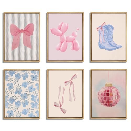 Blue and Pink Preppy Poster Set of 6 Cute Coquette Bow Boots Wall Art Aesthetic Coastal Wall Art Trendy Girls Dorm Decor Cute Pink Bows Wall Decor for Bedroom Living Room Unframed 12x16 Inch