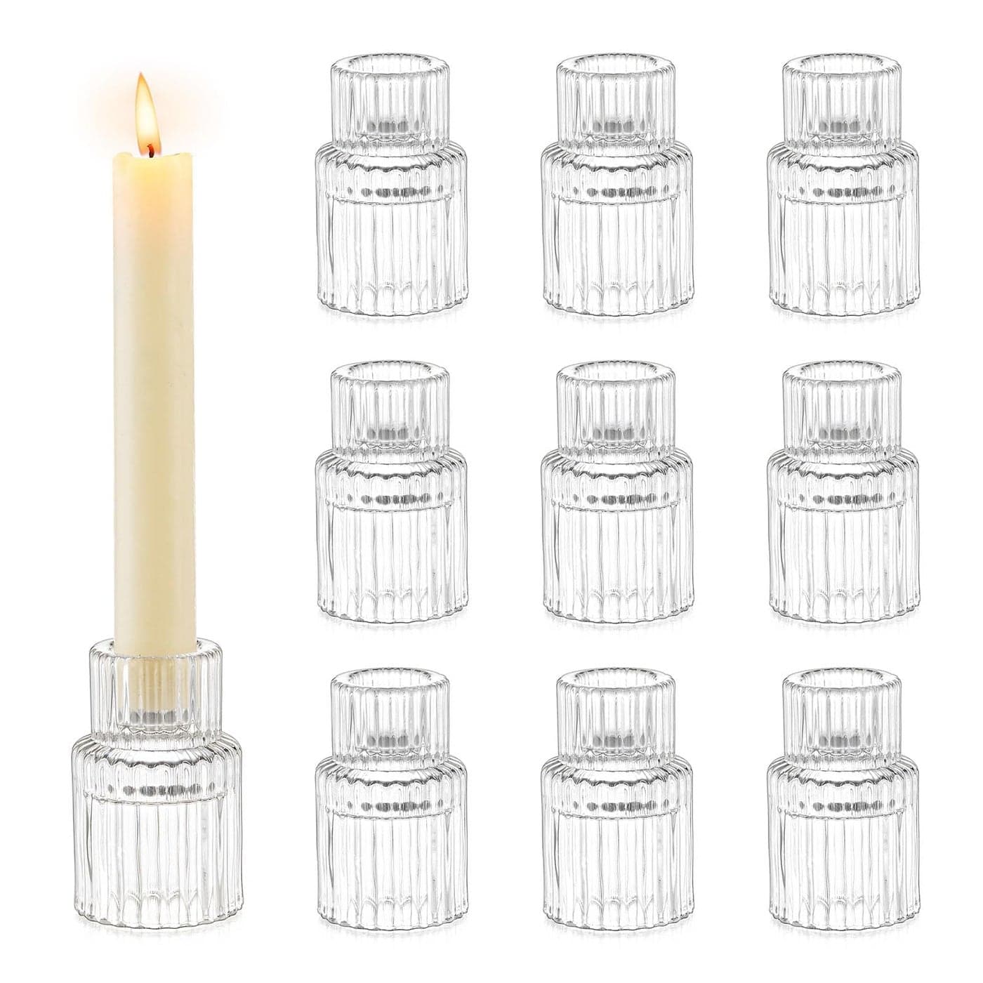 Romadedi Glass Candle Holder for Candlestick 10Pcs Clear Small Tapered Wedding Christmas Decor Bulk for Candle Sticks Party Table Living Room Dinner Advent Gift Centrepiece Decoration