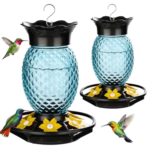 Fchstaer Glass Hummingbird Feeders for Outdoors Hanging 16oz 2 Pack Blue Pineapple Bee & Ant Proof 360°Perch Leakproof Easy Clean with 6 Feeding Ports Gifts for Mom