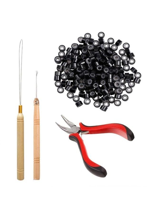 Hair Extension Remove Pliers Pulling Hook 500 PCS Micro Silicone Rings Bead Device Tool Kits for Professional Hair Styling Tools Accessory (Black)