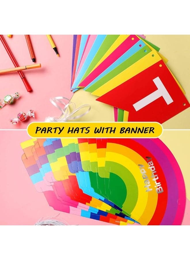 20 Pieces Rainbow Birthday Party Hats Colorful Birthday Cone Hats with Happy Birthday Banner for Kids Adults Birthday Party Decorations