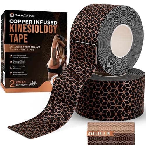 TheraCopper Copper Infused Kinesiology Tape – 2 Rolls (40 Precut Strips) – Advanced Waterproof Kinesiology Tape for Shoulder, Elbow, Bowling Wrist, Weightlifting, Muscle Strain & Joint Support (Black)