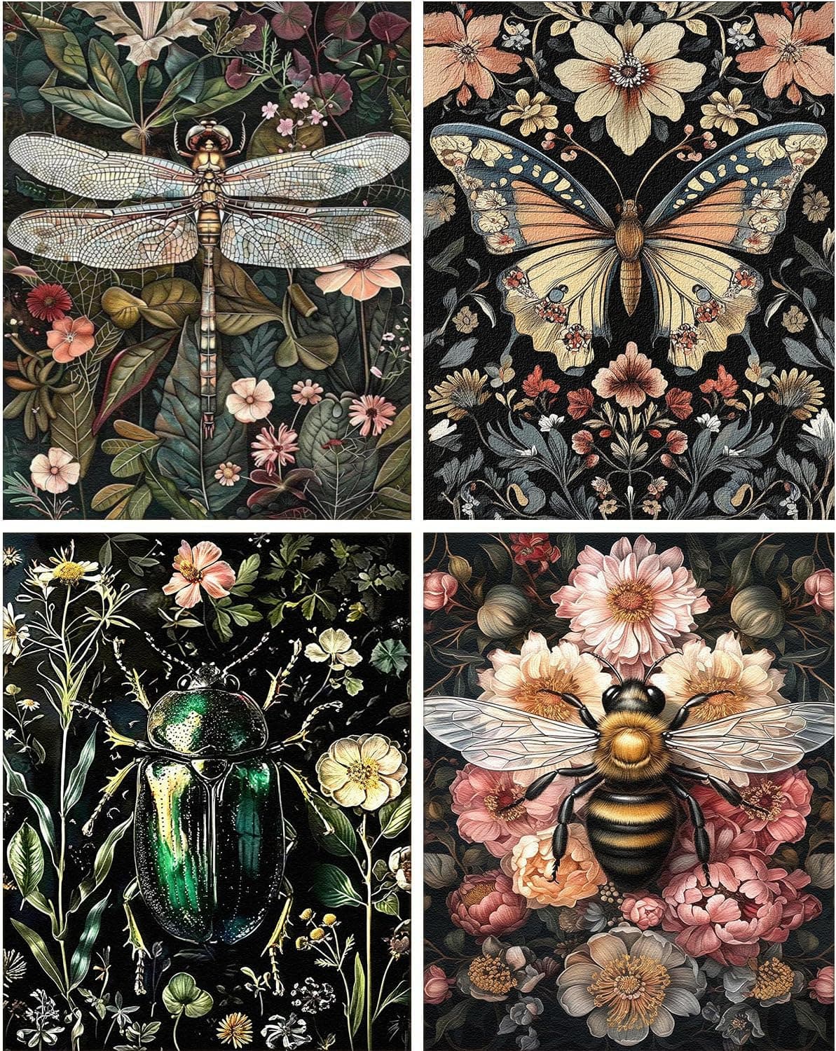 ARPADAMO 4 Pack Diamond Art Kits for Adults,Dragonfly, bee, Beetle, Butterfly Diamond Art Animal Diamond Painting Art Kit for Adult,Round Full Drill Diamonds, Diamond Art Kit for Home Decor-12x16inch