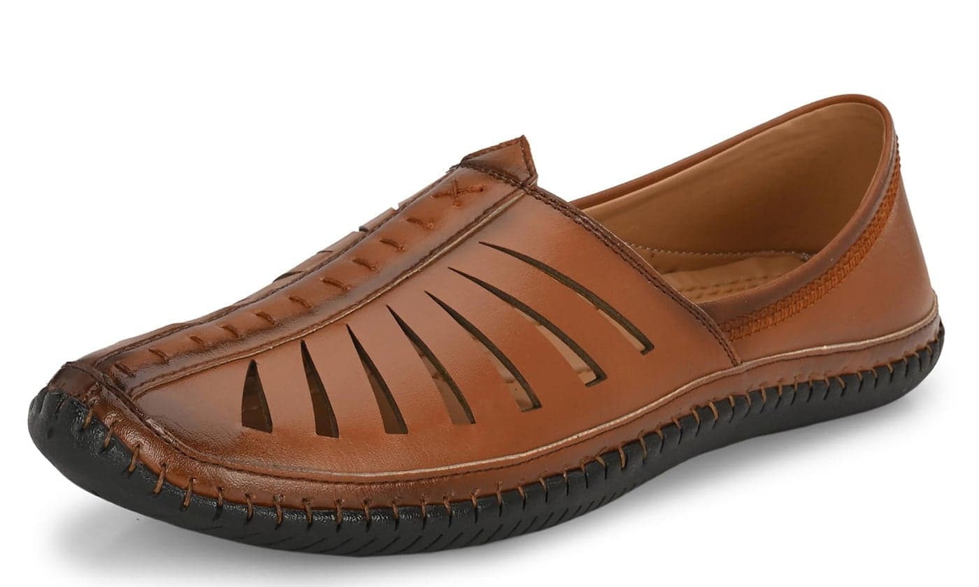 Karaddi 5082 Men's Loafer Stylish Ethnic Peshawari Nagra Mojadi Sherwani Sandals Wedding Latest Kolhapuri Brown Tan Black Shoes for Men Size 7 UK