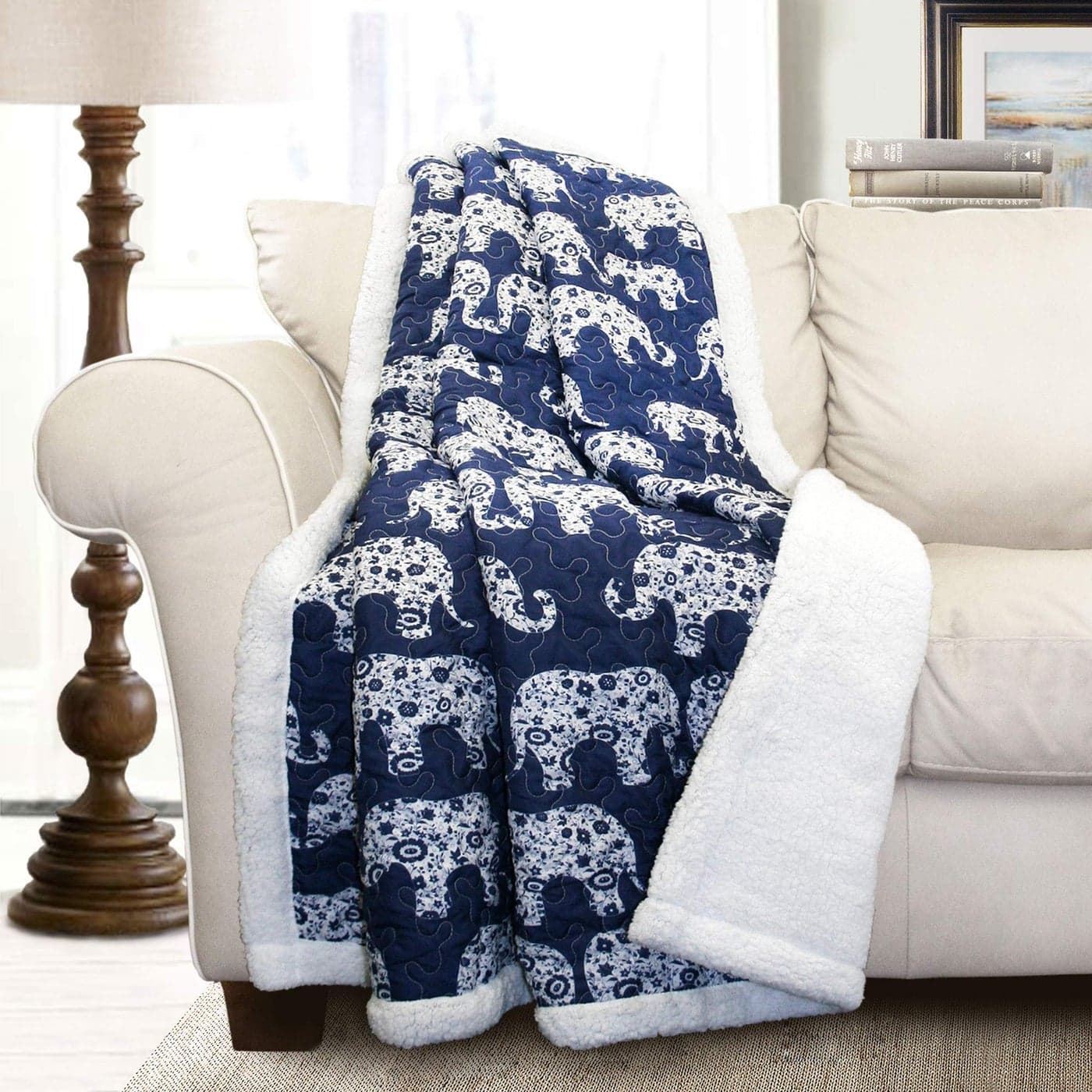 Lush Decor Navy Elephant Parade Throw Fuzzy Reversible Sherpa Blanket 60 x 50 White