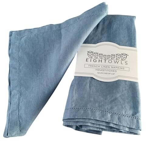 Hemstitched Linen Napkins – 20 Inch x 20 Inch – Stonewashed Pure Linen Cloth Dinner Napkins with Mitered Corners - 100% French Flax – Machine Washable - Set of 4 (Dusty Pastel Blue)