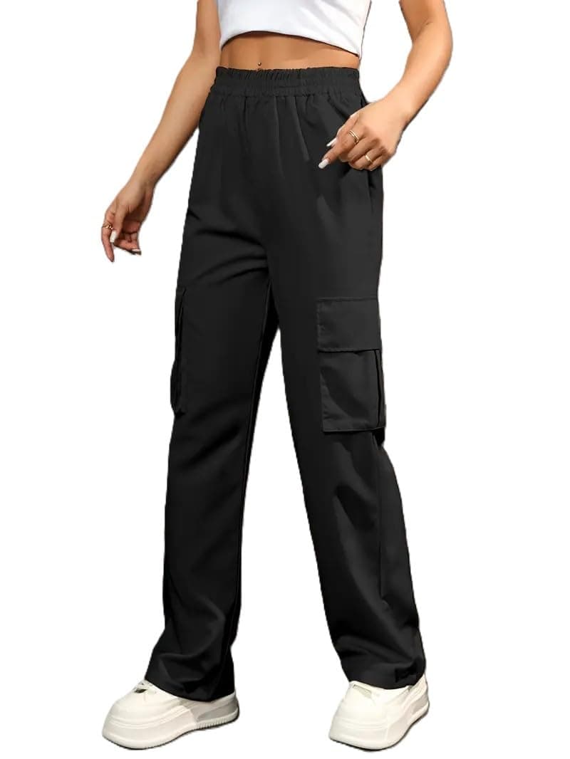 THIRD QUADRANT Women's High Waist Cargo Pants || Loose Fit Casual Utility Trousers || Elastic Waist Joggers with Pockets || Streetwear, Travel & Outdoor (in, Alpha, L, Regular, Black)