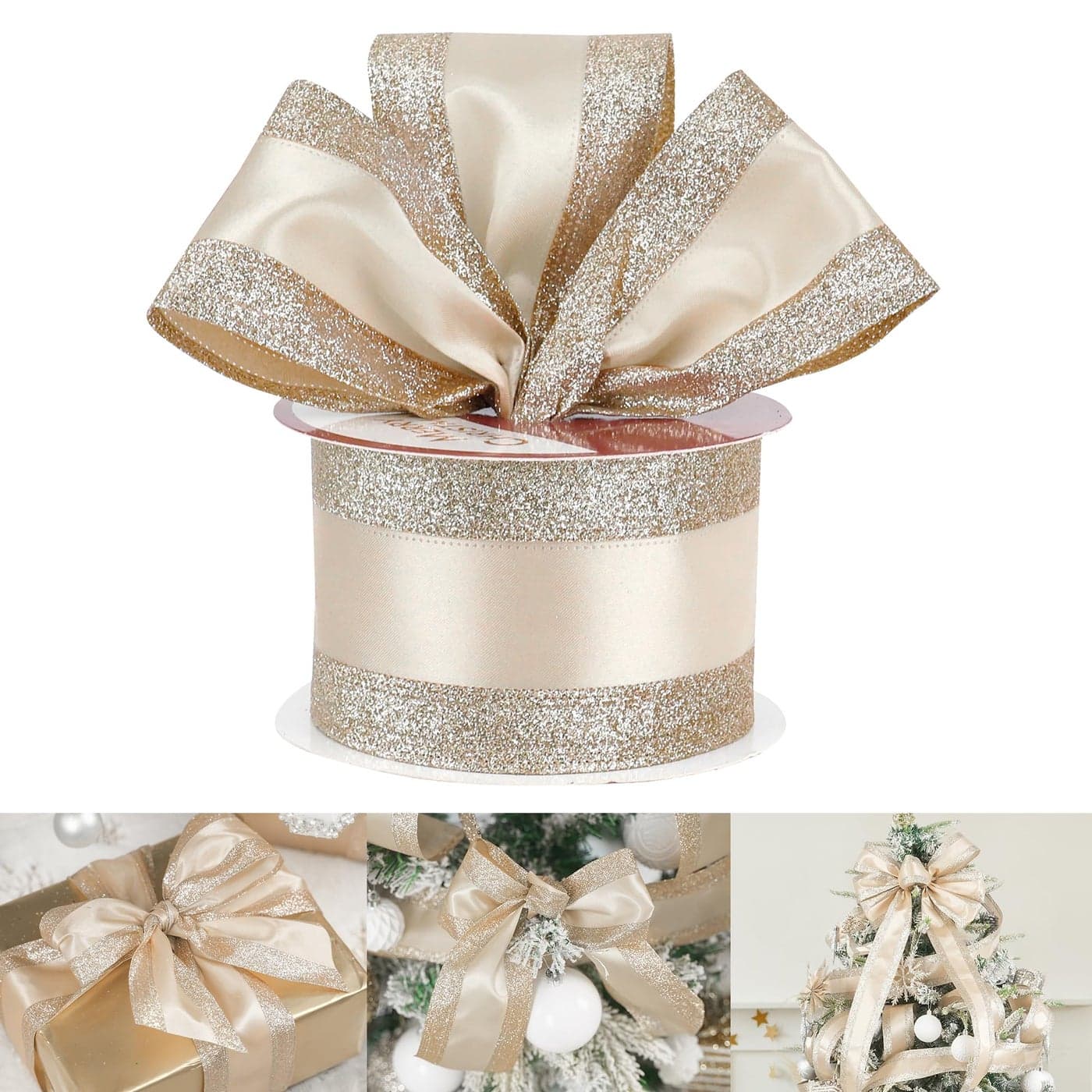HUIHUANG Champagne Gold Wired Satin Ribbon with Glitter Stripe Edges 25 inch Champagne Christmas Ribbon for Tree Bows Making Wreath Supplies Gift Wrapping Garland Home Decor Crafts 10 Yards