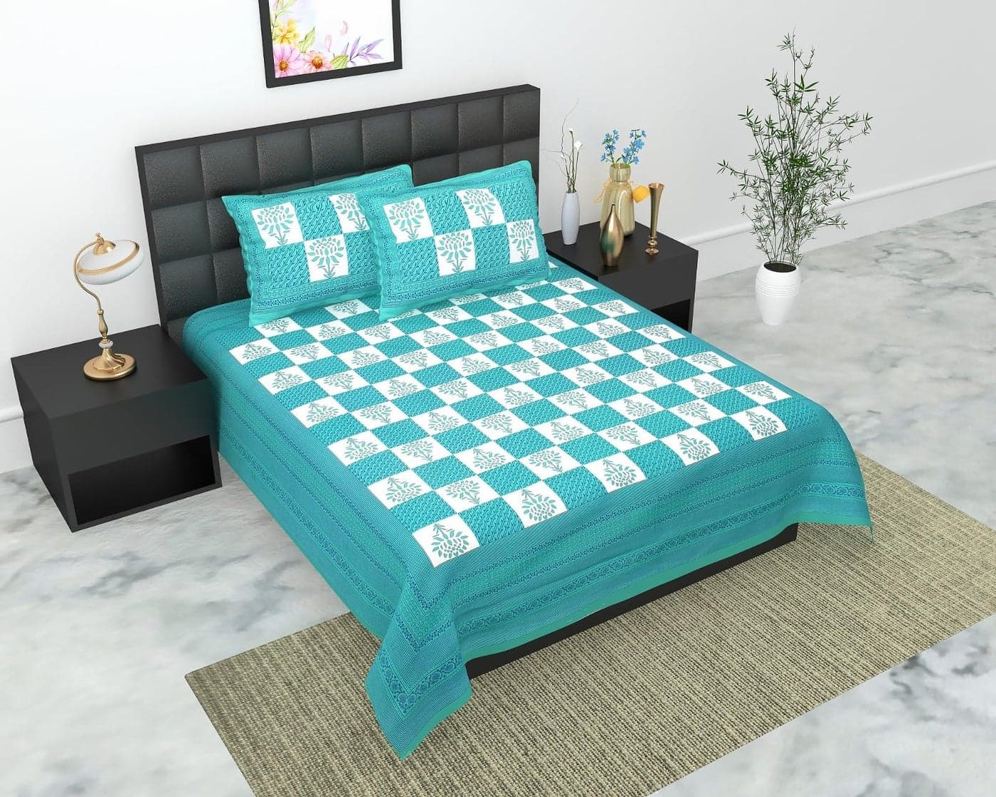 DE CAMA Since 1997 | 100% Cotton 300 TC Premium Double Size Bedsheet for Double Bed (90 x 100 Inch) with 2 Pillow Covers Set (17 x 27 Inch) Designer Printed Bedsheet Set - Floral Green