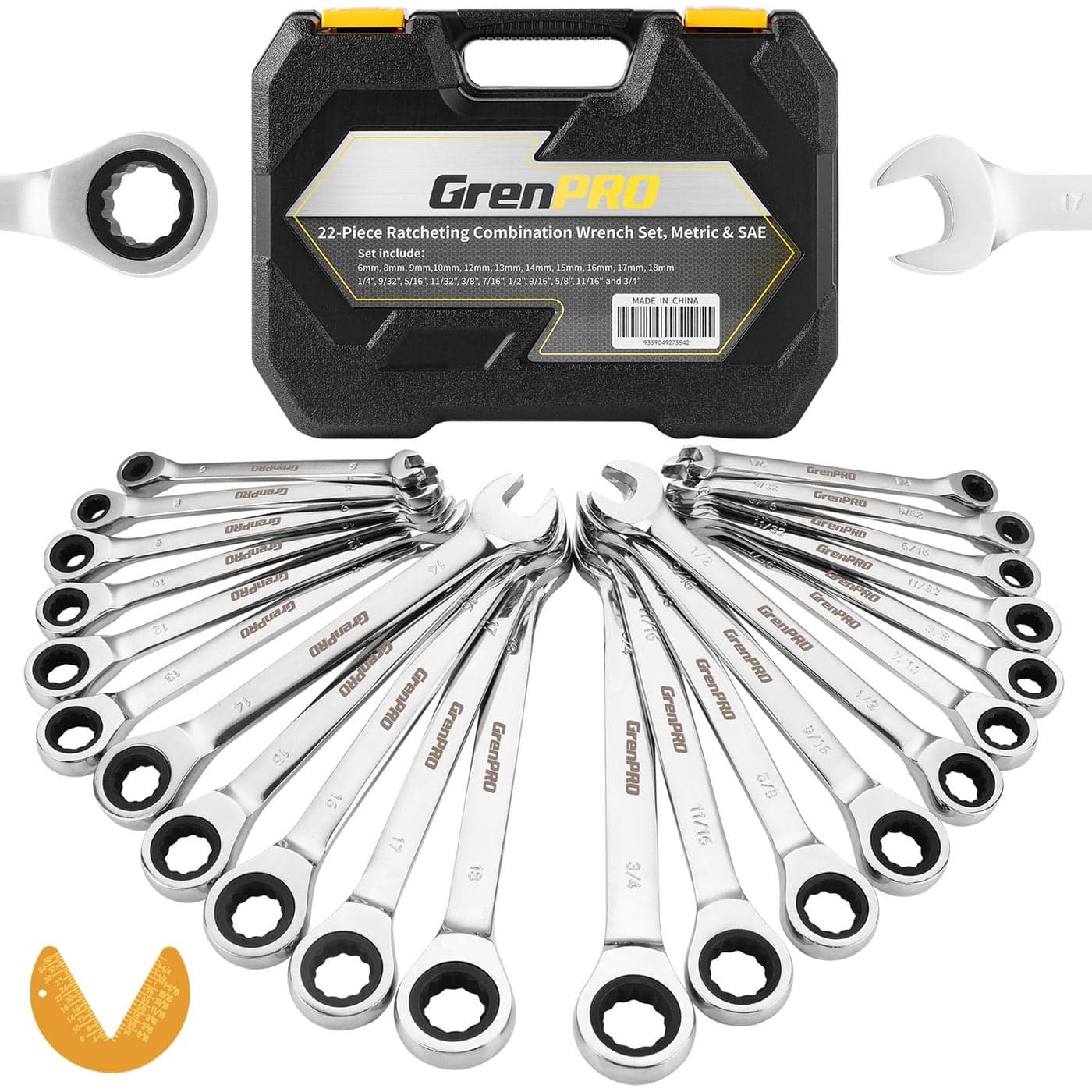 GRENPRO 23 Piece Ratcheting Wrench Set Open End Wrench Set Metric And Standard 618mm SAE 1434 Combination Wrenches Sets Organizer Tool Box 72 Tooth Large Wrench Hand Tools Set With 1 Gauge
