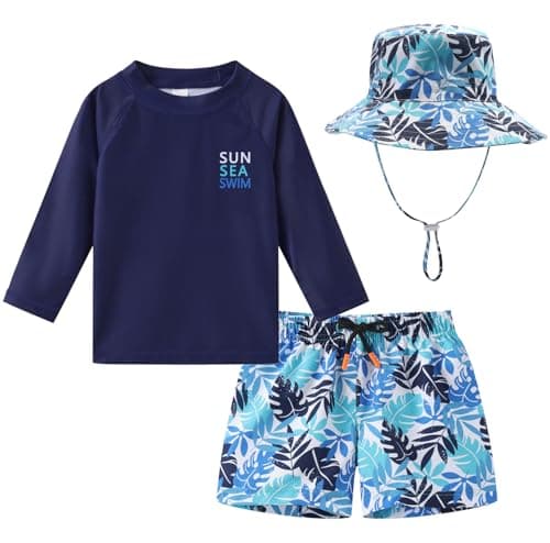 Toddlers and Baby Boys' 3-Piece Rashguard Sets Swimsuits Sets with Hat Surfing Swimwear Sunsuit UPF 50+Navy Coco(2-3T)