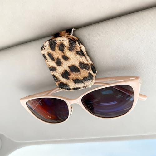 DRIYANN Sunglass Holder for Car Universal Magnetic Car Sun Visor Eyeglass Holder Leather Glasses Clip for Car Ticket Card Clip 1 Leopard