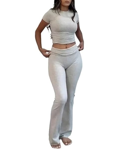 COPYLEAF Two Piece Lounge Sets for Women Fold Over Flare Pants Short Sleeve Crop Top Y2k Outfits Matching Set Tracksuit(Light Grey L)
