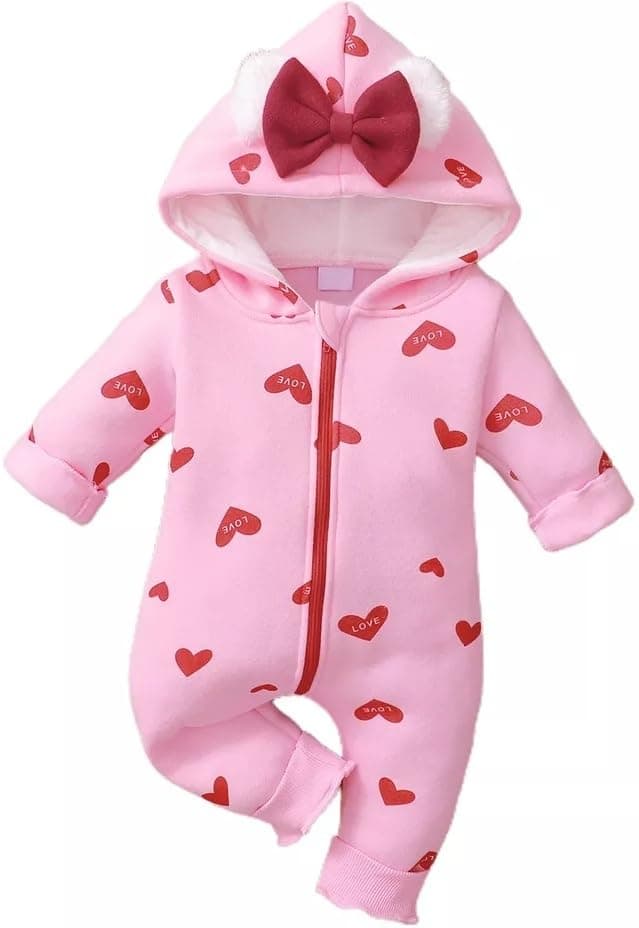 BRANDONN Kids Baby Cotton Fleece Jumpsuit Romper Onesie Sleep Suit Hooded Semi Winter Zipper (Pink & Red, 9-12 Months)