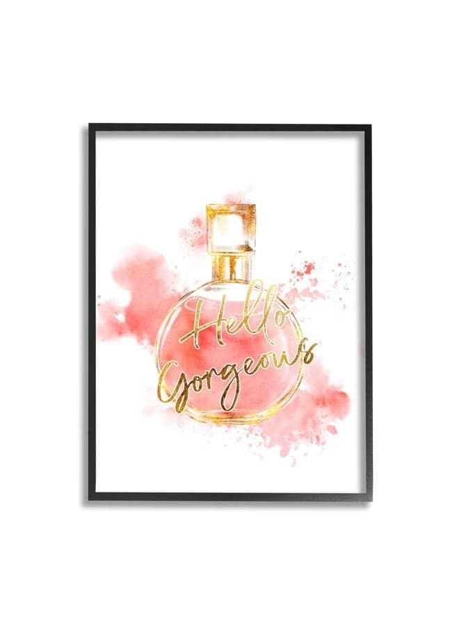 Hello Gorgeous Fashion Cosmetic Perfume Bottle Pink Watercolor, Designed by Ziwei Li Black Framed Wall Art, 16 x 20, White