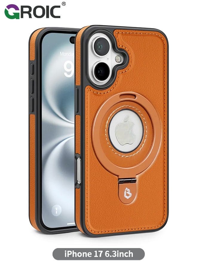 Designed for iPhone 17 Standing Case, Leather Magnetic Phone Cover for iPhone 17, Invisible Ring Holder Stand Logo Hole Back Cover, Vegan, Luxury, Elegant (Brown)