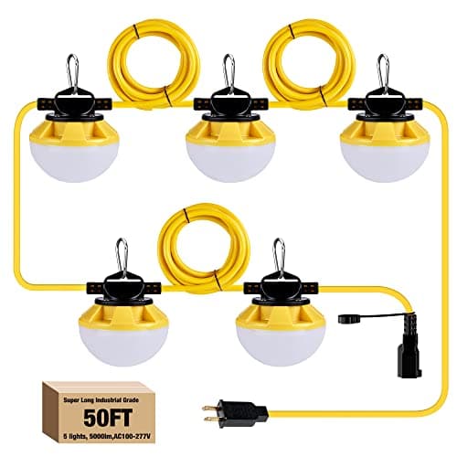 LED Construction String Light 50FT, 50W 6000Lm,18AWG Wire,5000K Linkable String Work Lights with 5 Bulbs & Hooks, Industrial Temporary Lighting for Construction Site, Crawl Space,Job Site,Attic