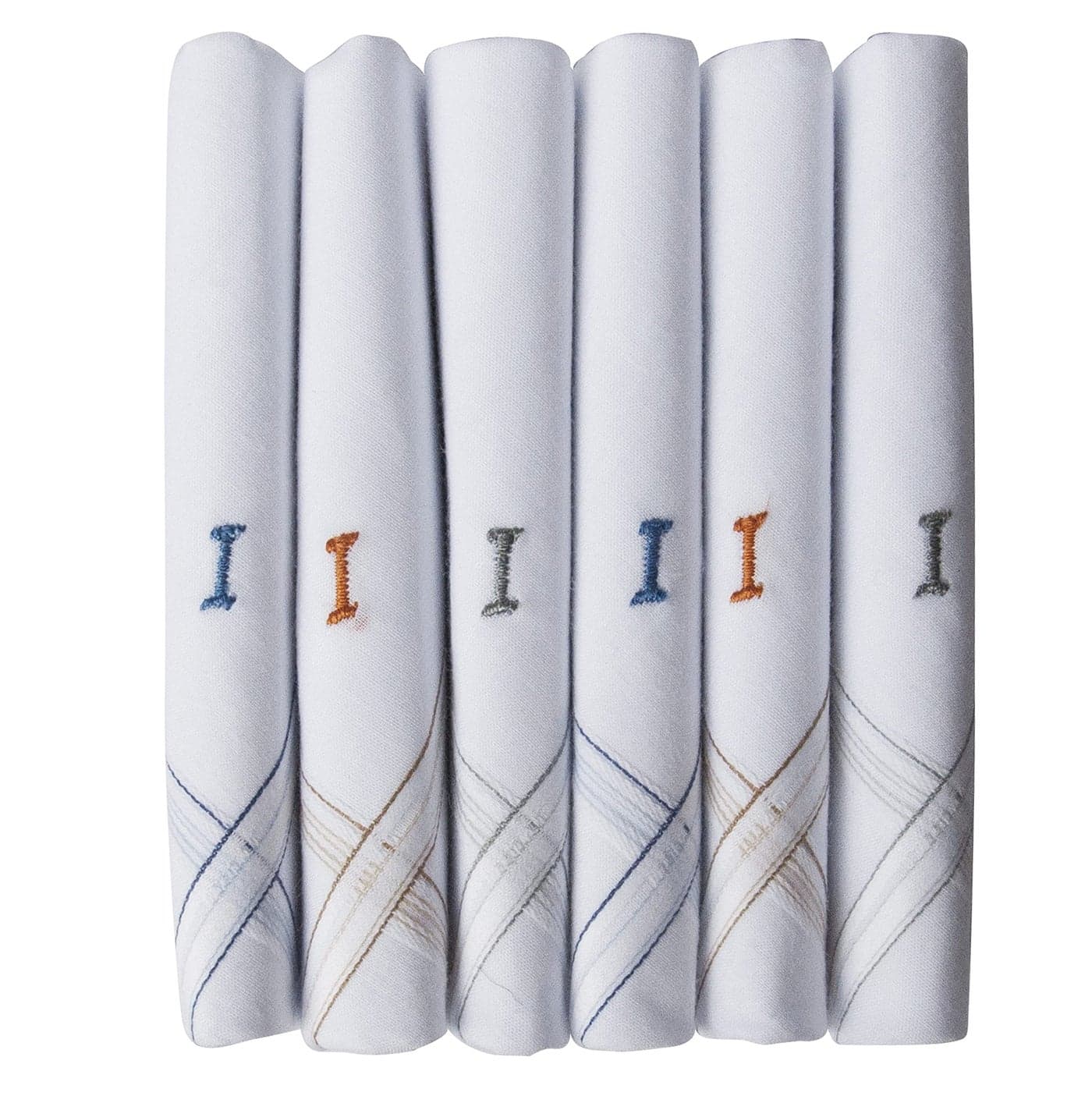 Caruso Italy Men's Initial Monogram I Embroidery Pure Cotton Formal Handkerchief White Base With Colored Border - Pack Of 6, free size